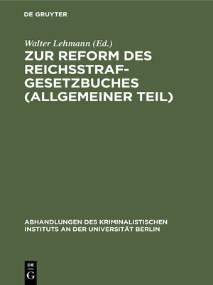 cover image of Zur Reform des Reichsstrafgesetzbuches (Allgemeiner Teil)